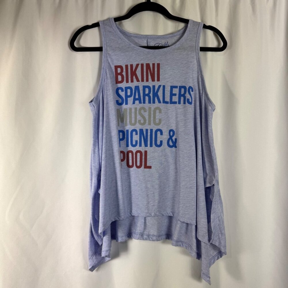 Cold Crush Blue Asymmetrical Sharkbite Hem Summer Graphic Tank Top July 4th M